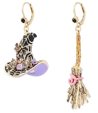 Betsey Johnson Halloween Witchy Hat & Broomstick Drop Earrings