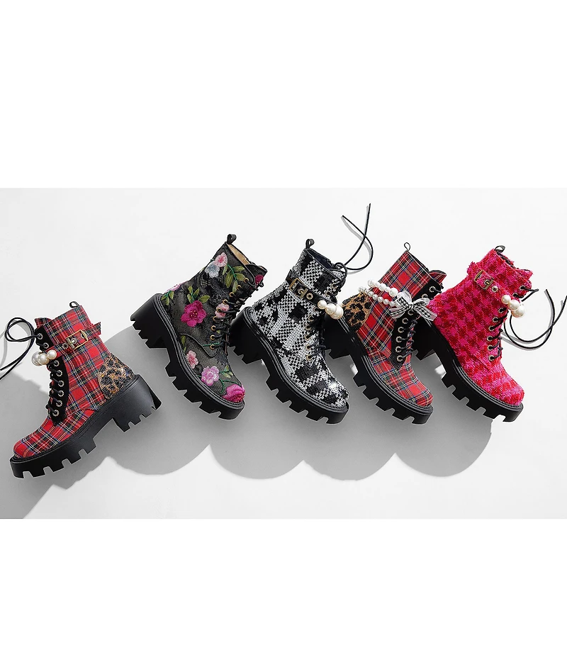 Betsey Johnson Hariett Plaid Bow and Pearl Platform Combat Boots