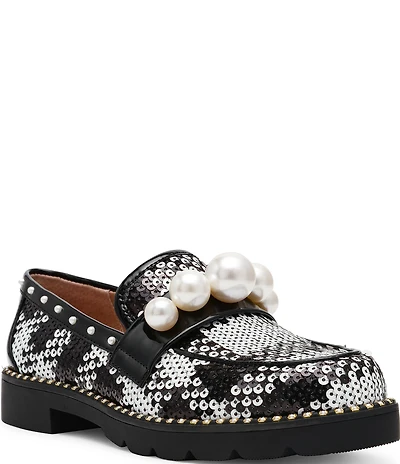 Betsey Johnson Harloe Sequin Plaid Fabric Pearl Embellished Loafers