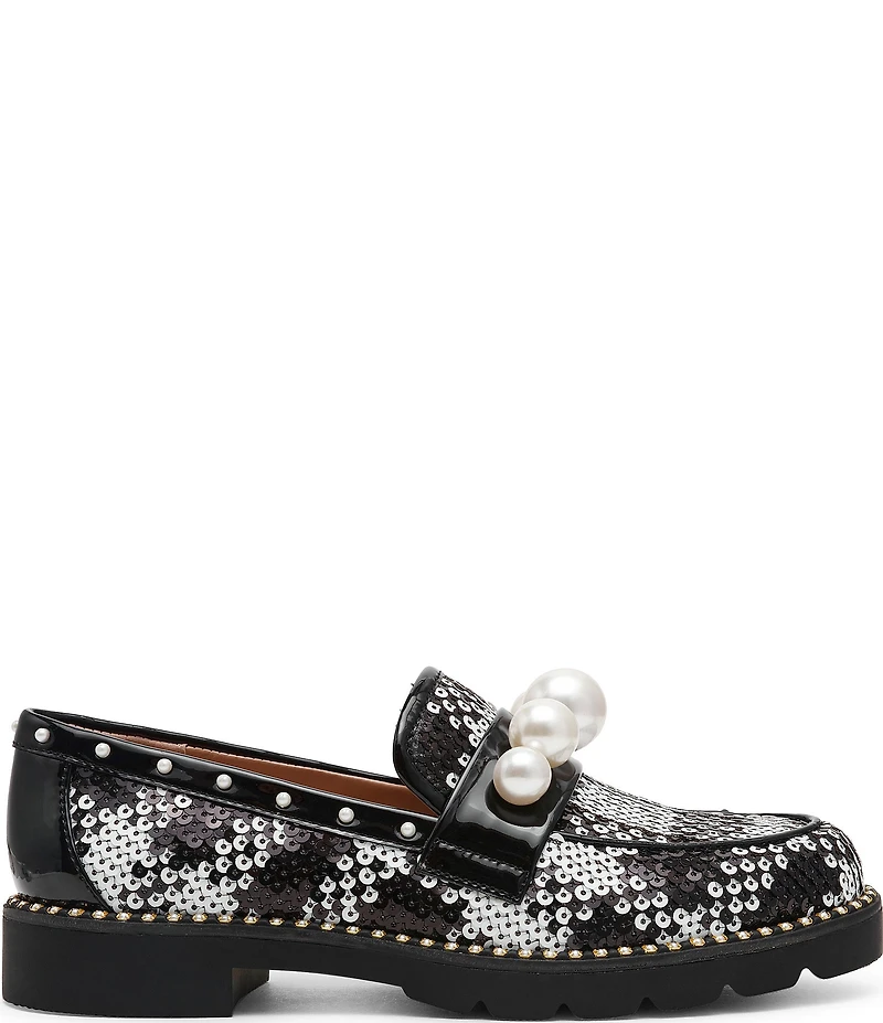 Betsey Johnson Harloe Sequin Plaid Fabric Pearl Embellished Loafers