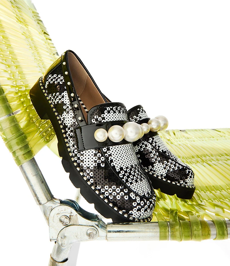 Betsey Johnson Harloe Sequin Plaid Fabric Pearl Embellished Loafers