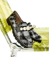 Betsey Johnson Harloe Sequin Plaid Fabric Pearl Embellished Loafers