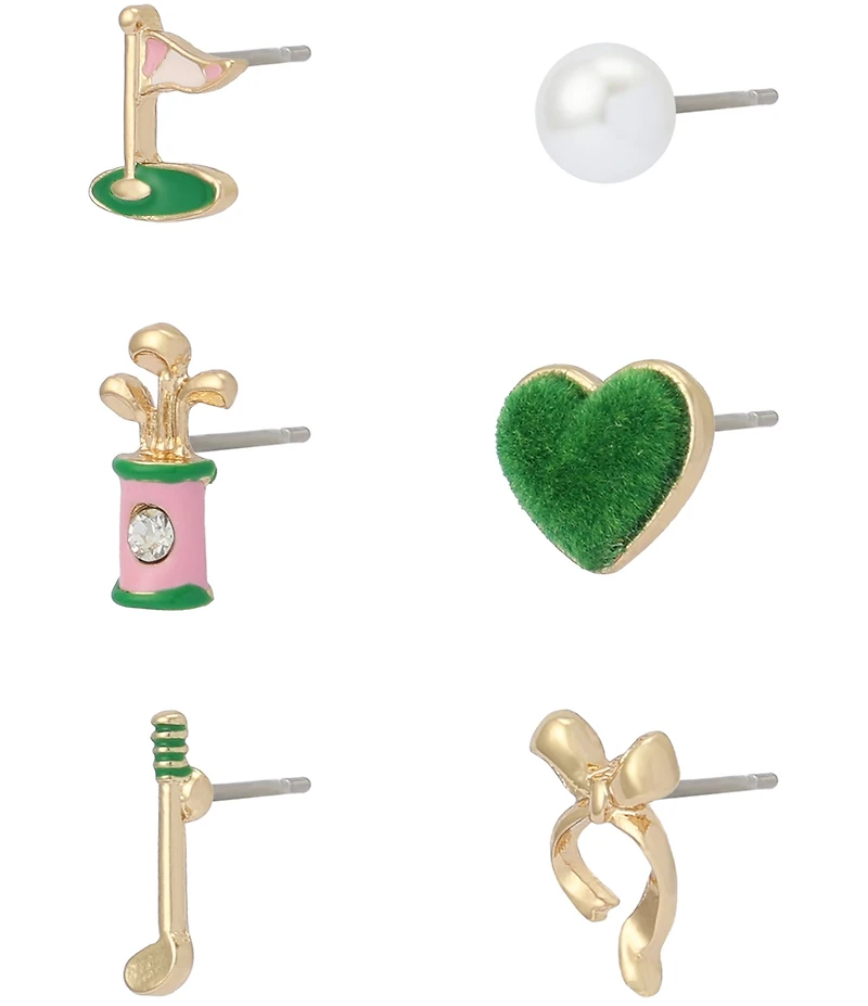 Betsey Johnson Heart Golf 6 Single Stud Earring Set