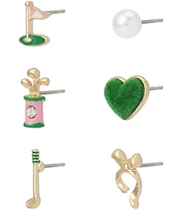 Betsey Johnson Heart Golf 6 Single Stud Earring Set