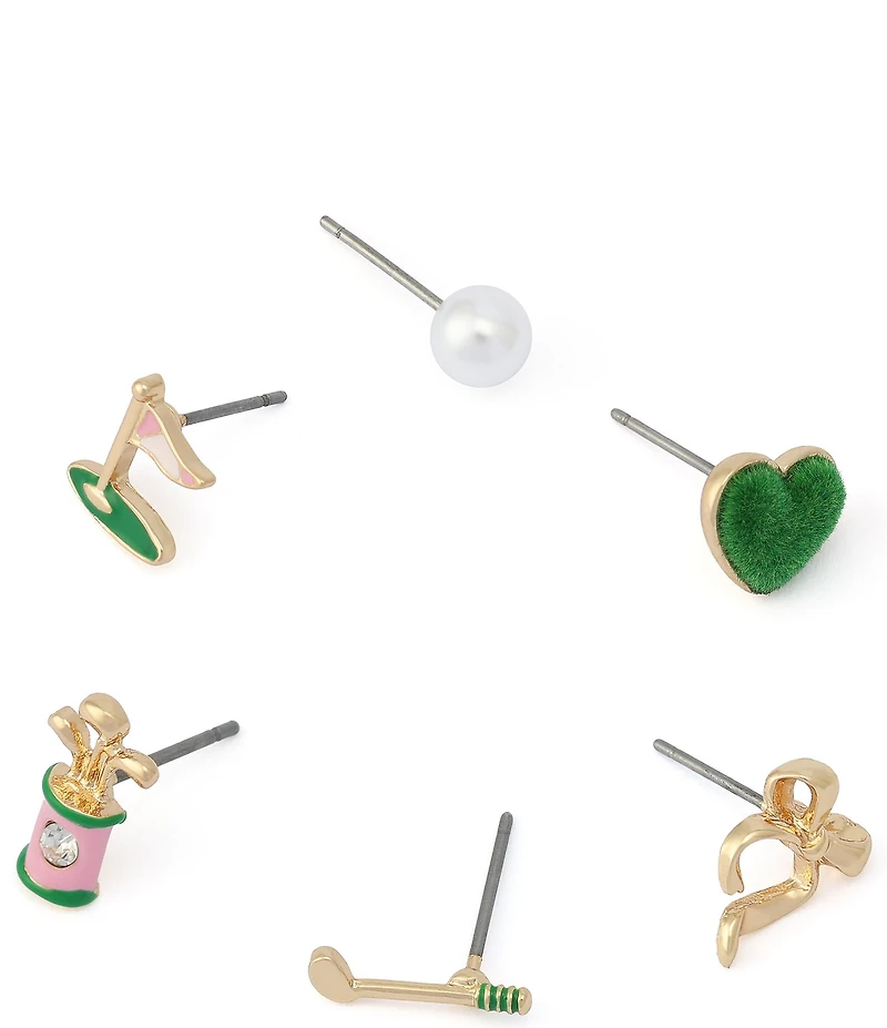 Betsey Johnson Heart Golf 6 Single Stud Earring Set