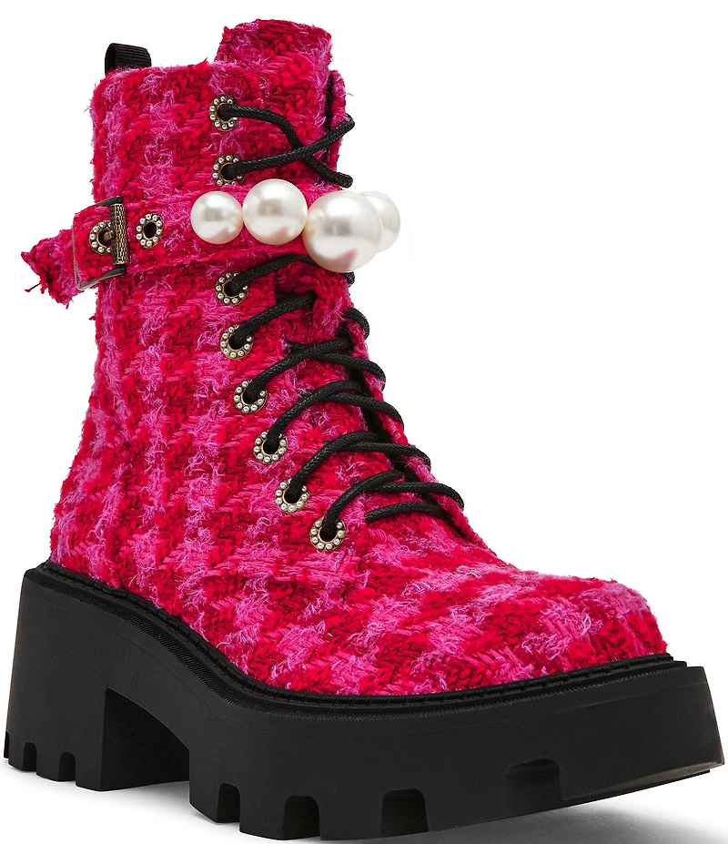 Betsey Johnson Jonnie Plaid Pearl Ornamented Platform Combat Boots