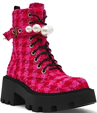Betsey Johnson Jonnie Plaid Pearl Ornamented Platform Combat Boots