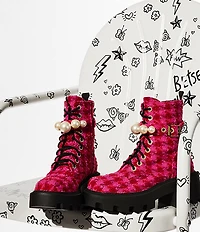 Betsey Johnson Jonnie Plaid Pearl Ornamented Platform Combat Boots