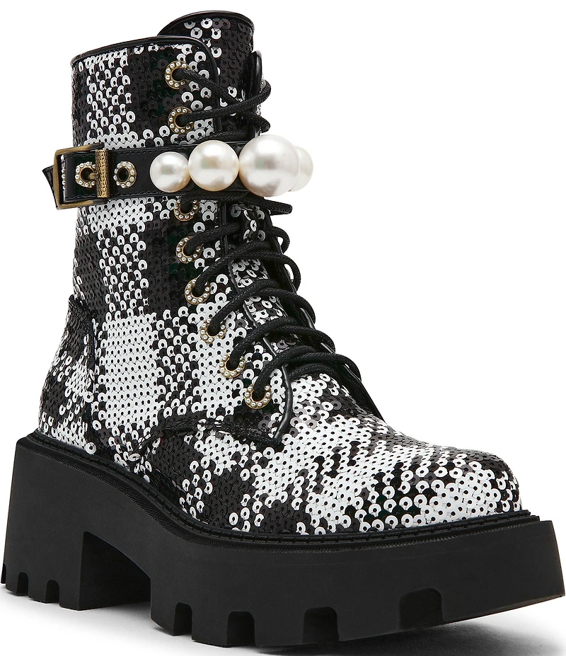 Betsey Johnson Jonnie Plaid Sequin Pearl Ornamented Platform Combat Boots