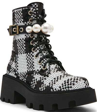 Betsey Johnson Jonnie Plaid Sequin Pearl Ornamented Platform Combat Boots