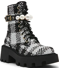 Betsey Johnson Jonnie Plaid Sequin Pearl Ornamented Platform Combat Boots