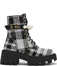 Betsey Johnson Jonnie Plaid Sequin Pearl Ornamented Platform Combat Boots