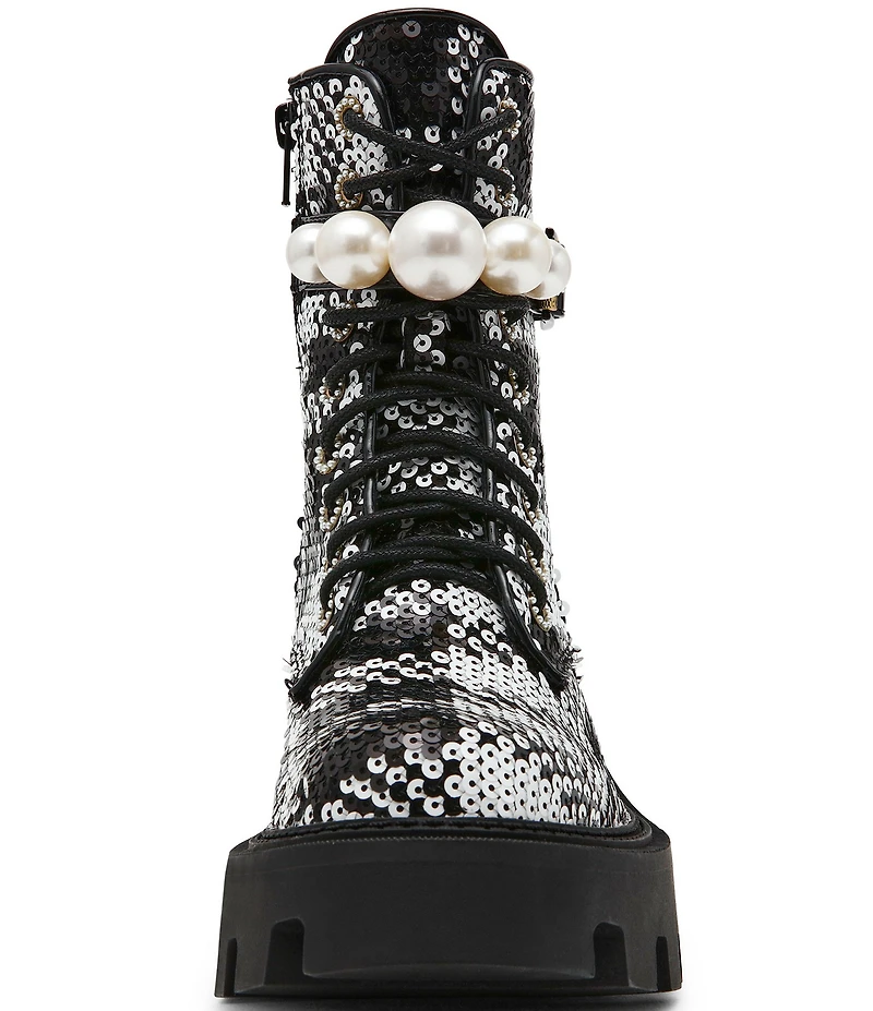 Betsey Johnson Jonnie Plaid Sequin Pearl Ornamented Platform Combat Boots