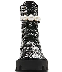 Betsey Johnson Jonnie Plaid Sequin Pearl Ornamented Platform Combat Boots