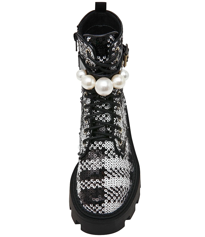 Betsey Johnson Jonnie Plaid Sequin Pearl Ornamented Platform Combat Boots