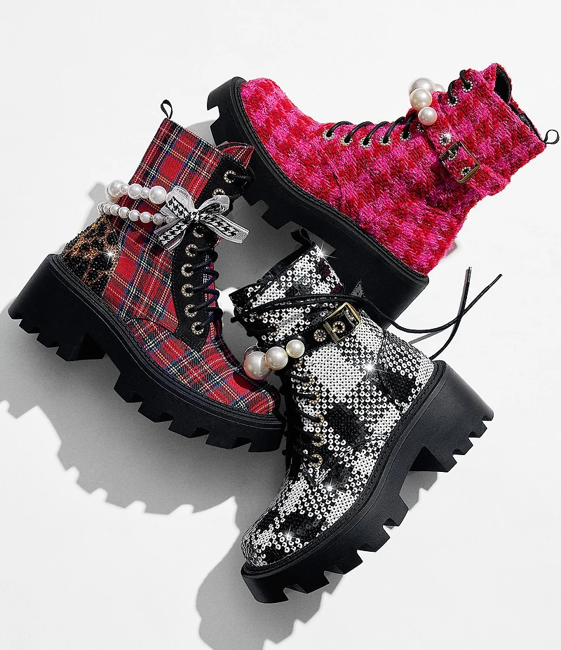 Betsey Johnson Jonnie Plaid Sequin Pearl Ornamented Platform Combat Boots