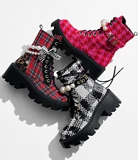 Betsey Johnson Jonnie Plaid Sequin Pearl Ornamented Platform Combat Boots