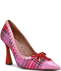 Betsey Johnson Jovi Plaid Print Bow Heart Studded Pointed Toe Pumps