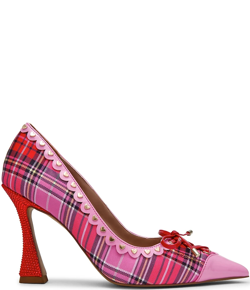 Betsey Johnson Jovi Plaid Print Bow Heart Studded Pointed Toe Pumps