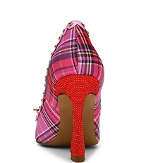 Betsey Johnson Jovi Plaid Print Bow Heart Studded Pointed Toe Pumps