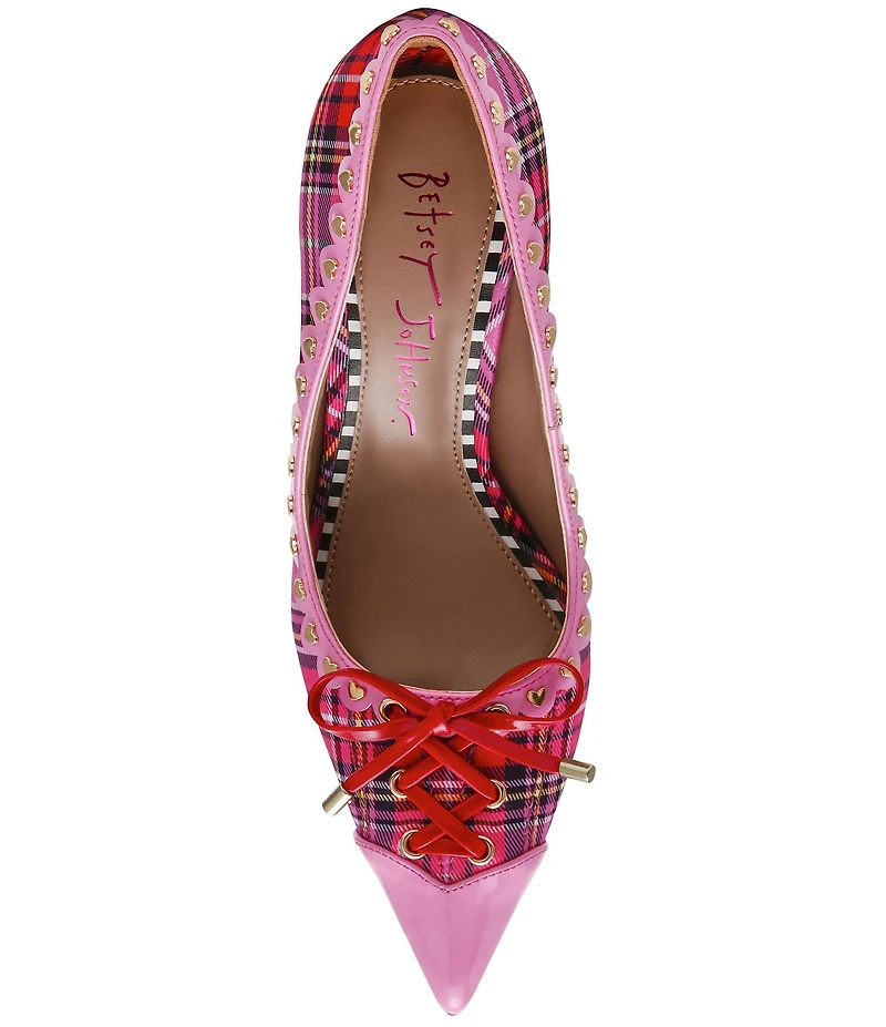 Betsey Johnson Jovi Plaid Print Bow Heart Studded Pointed Toe Pumps