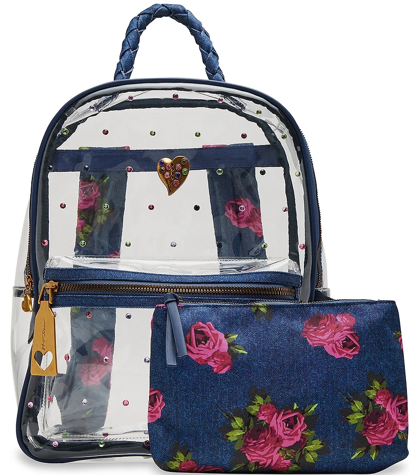 Betsey Johnson Large Denim Floral Clear Contrast Trim Backpack
