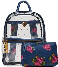 Betsey Johnson Large Denim Floral Clear Contrast Trim Backpack