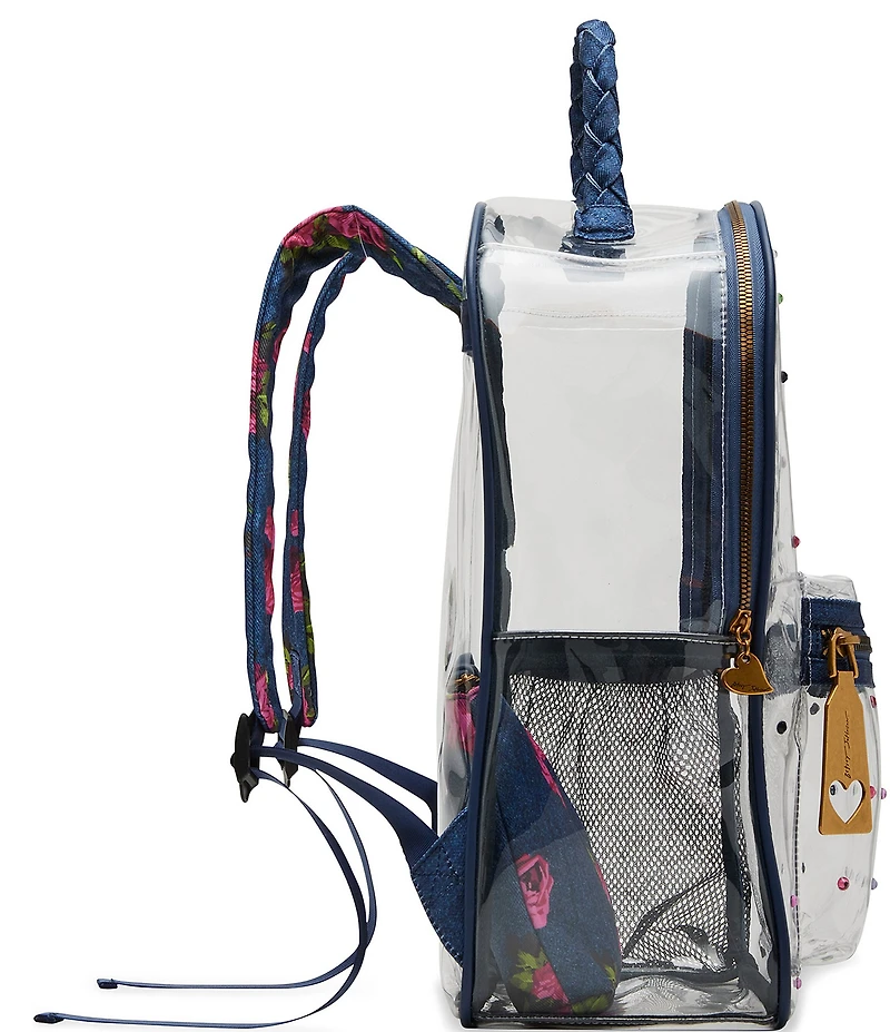 Betsey Johnson Large Denim Floral Clear Contrast Trim Backpack