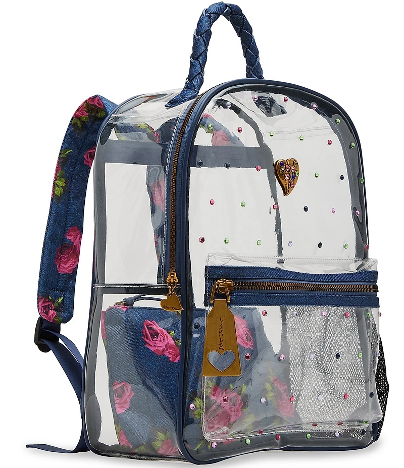Betsey Johnson Large Denim Floral Clear Contrast Trim Backpack
