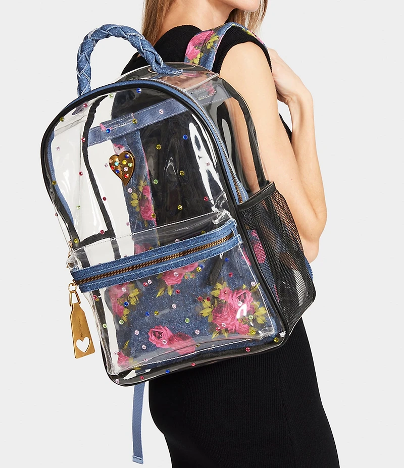 Betsey Johnson Large Denim Floral Clear Contrast Trim Backpack