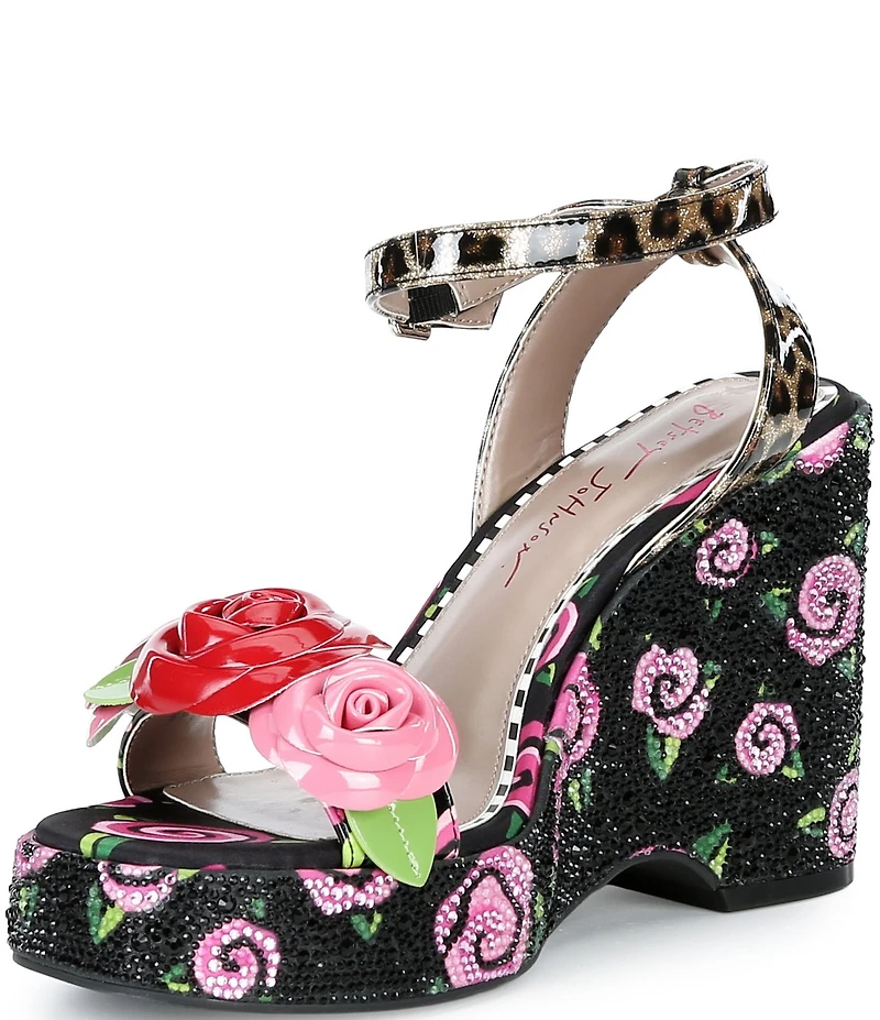 Betsey Johnson Lizzete Rhinestone Rose Wedge Dress Sandals