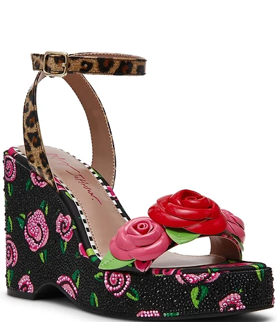 Betsey Johnson Lizzete Rhinestone Rose Wedge Dress Sandals