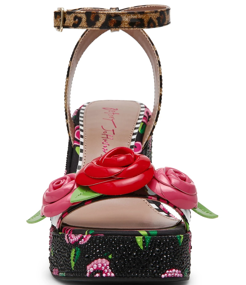 Betsey Johnson Lizzete Rhinestone Rose Wedge Dress Sandals