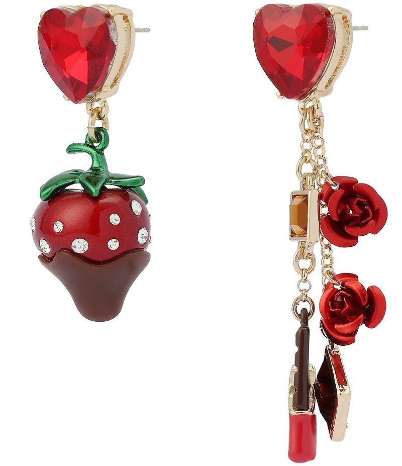Betsey Johnson Love Spell Chocolate Strawberry Mismatch Heart Drop Earrings