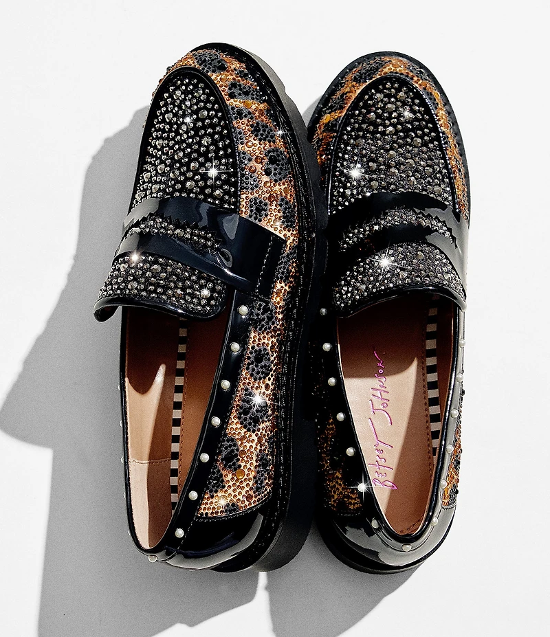 Betsey Johnson Lydiaa Leopard Print Rhinestone Penny Loafers