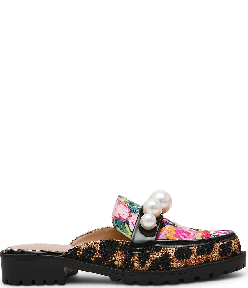 Betsey Johnson Norah Leopard Houndstooth Pearl Loafer Mules