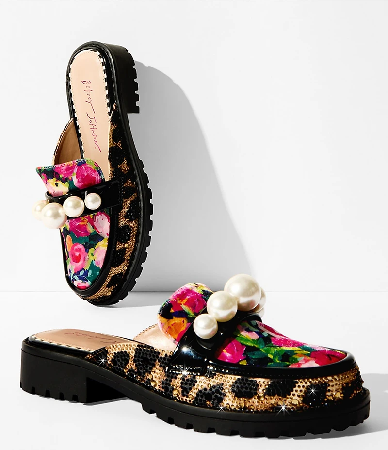 Betsey Johnson Norah Leopard Houndstooth Pearl Loafer Mules