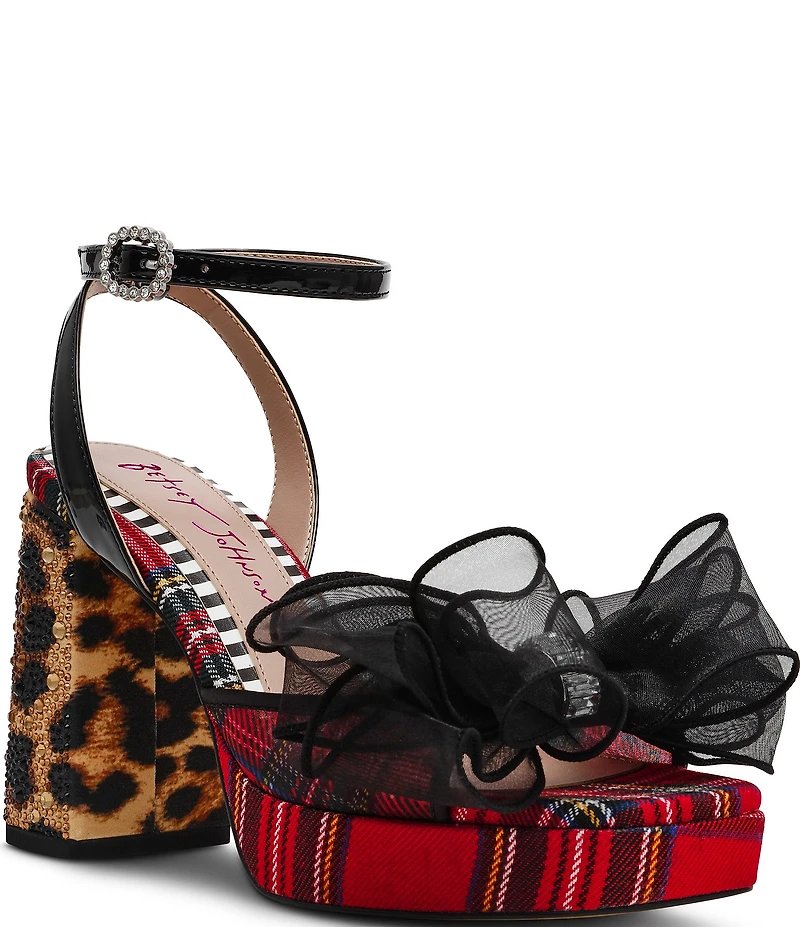 Betsey Johnson Palloma Plaid Embellished Bow Leopard Heel Platform Dress Sandals