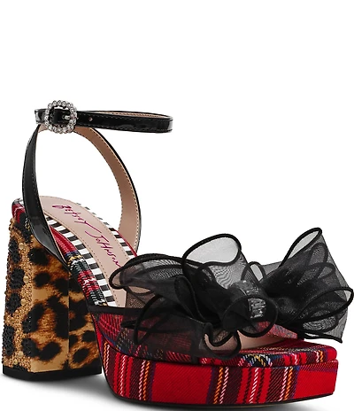 Betsey Johnson Palloma Plaid Embellished Bow Leopard Heel Platform Dress Sandals