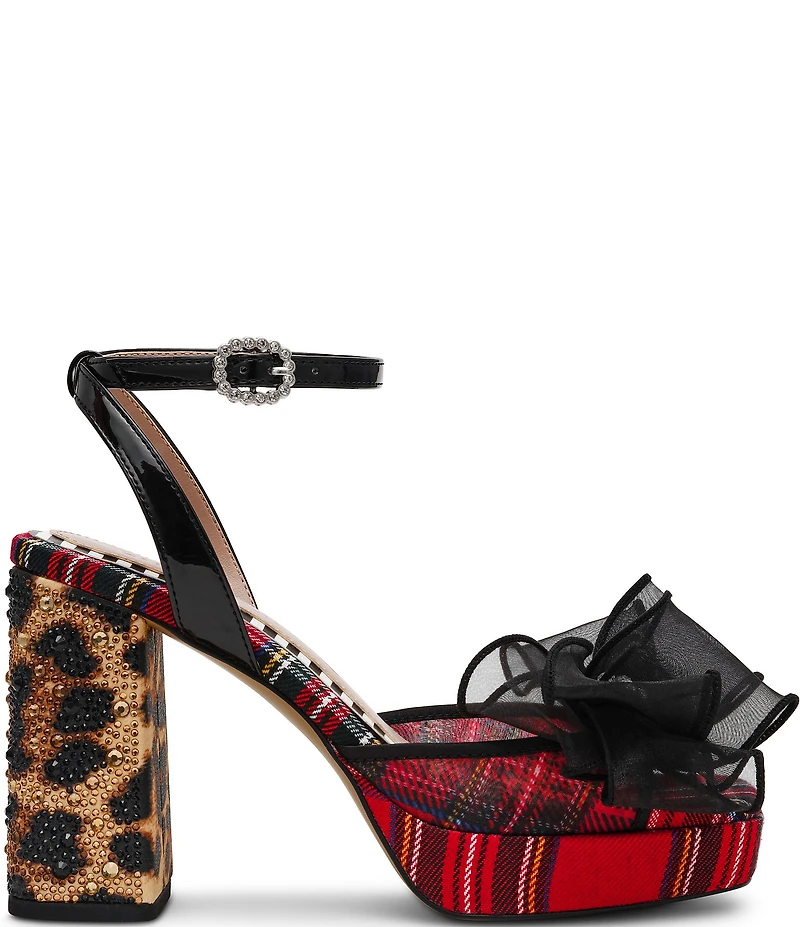 Betsey Johnson Palloma Plaid Embellished Bow Leopard Heel Platform Dress Sandals