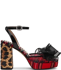 Betsey Johnson Palloma Plaid Embellished Bow Leopard Heel Platform Dress Sandals