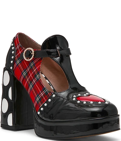 Betsey Johnson Perrie T-Strap Plaid Heart Detail Platform Pumps