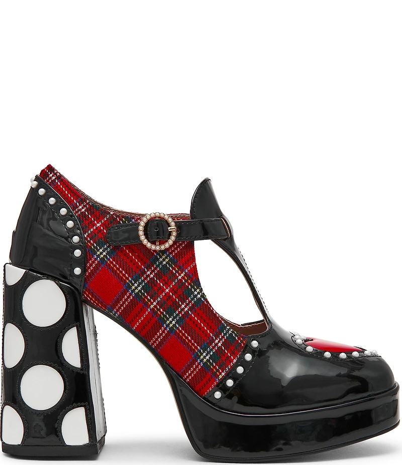 Betsey Johnson Perrie T-Strap Plaid Heart Detail Platform Pumps