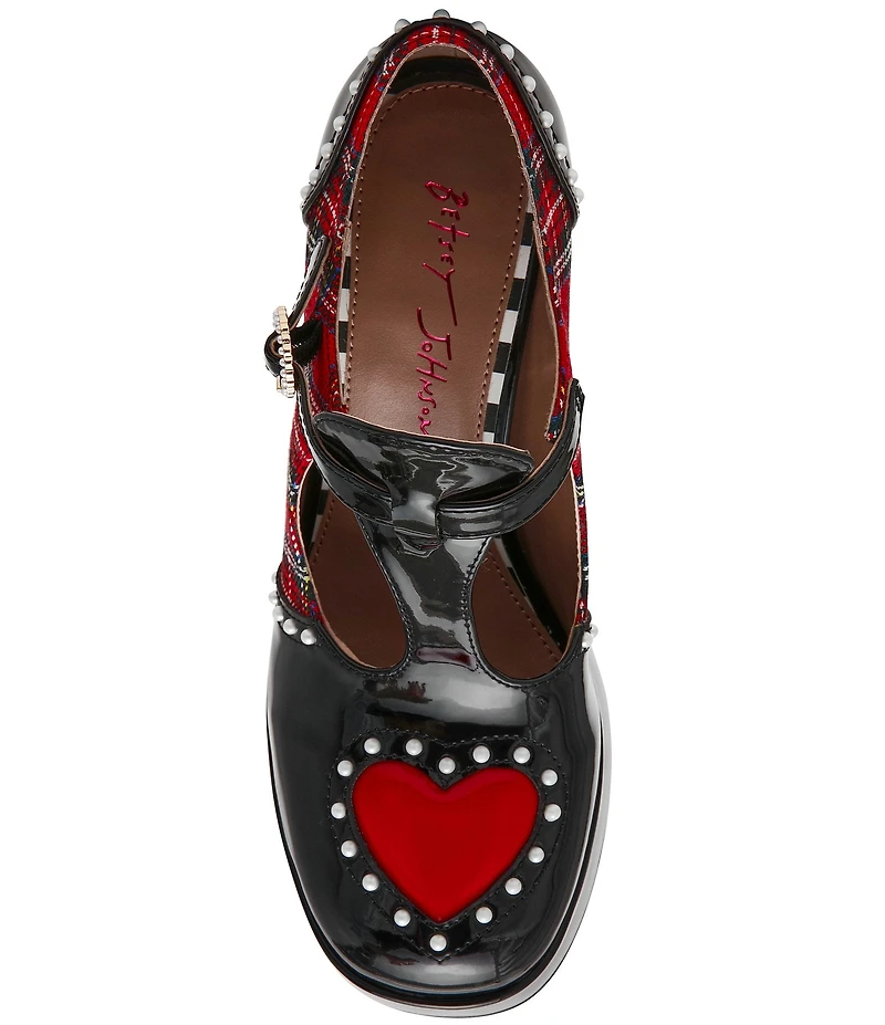 Betsey Johnson Perrie T-Strap Plaid Heart Detail Platform Pumps