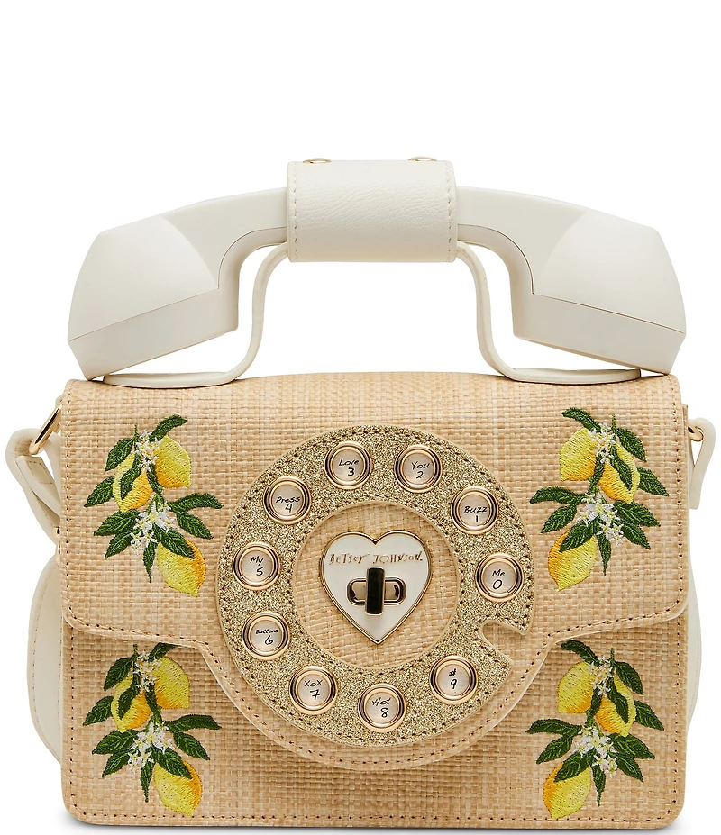 Betsey Johnson Pucker Up Lemon Embroidered Straw Phone Bag