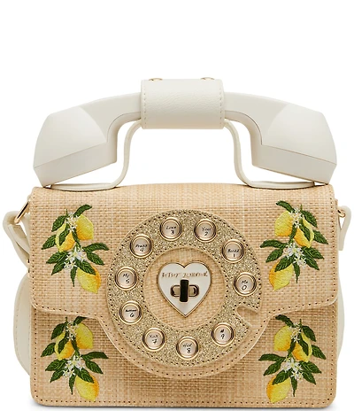 Betsey Johnson Pucker Up Lemon Embroidered Straw Phone Bag
