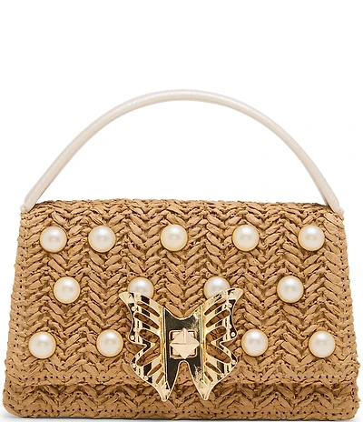 Betsey Johnson Raffia Pearl Butterfly Mini Top Handle Satchel Bag