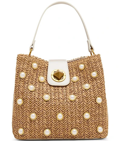 Betsey Johnson Raffia Pearl Turn Lock Bucket Bag