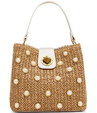 Betsey Johnson Raffia Pearl Turn Lock Bucket Bag