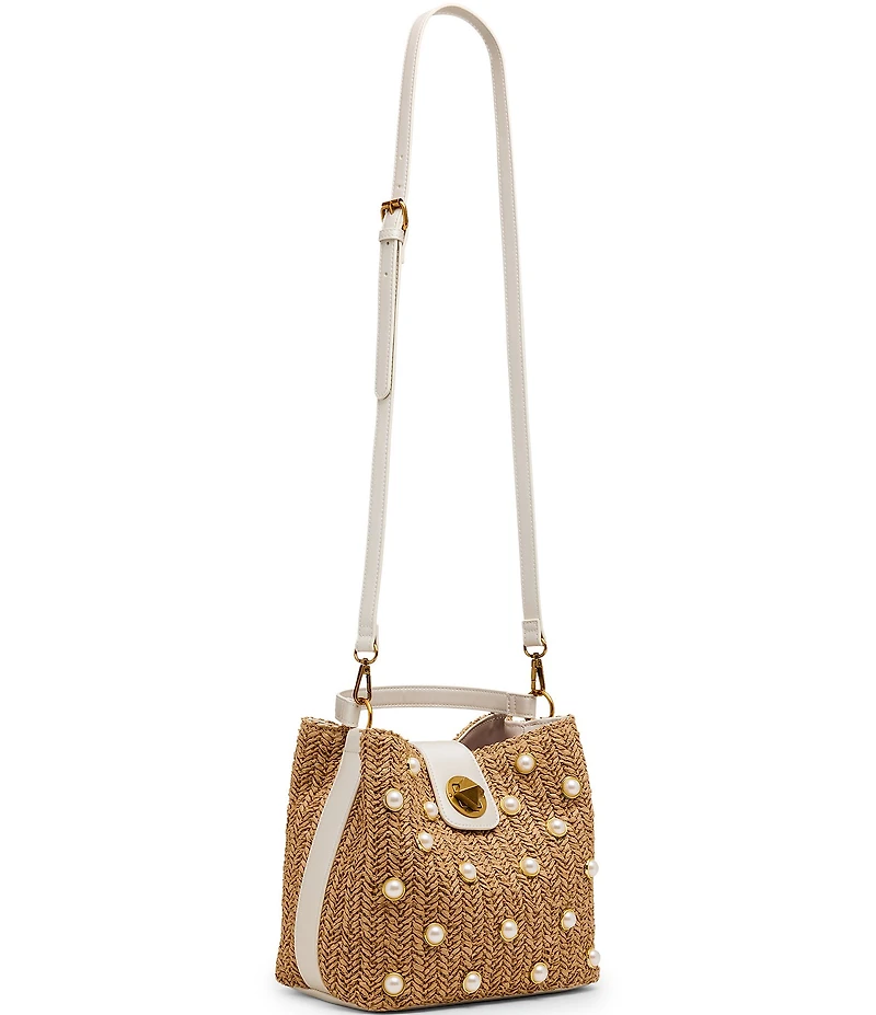 Betsey Johnson Raffia Pearl Turn Lock Bucket Bag